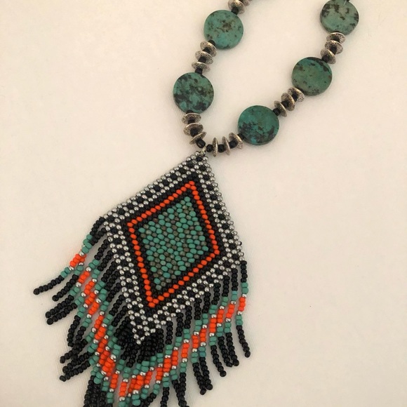 Handmade beadweaving pendant with turquoise stones boho necklace - Picture 4 of 5